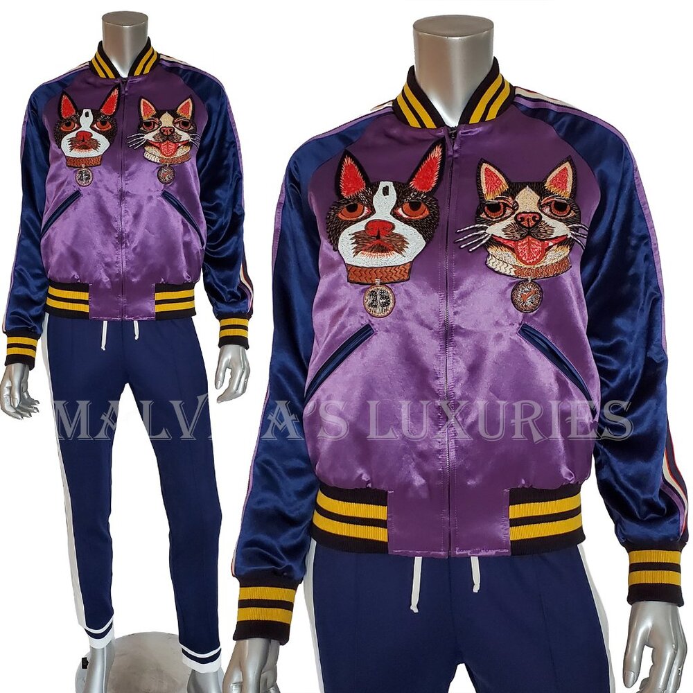 GUCCI JACKET BOMBER BOSCO ORSO PATCHES PURPLE SATIN w LOGO DETAIL - Picture 2 of 11